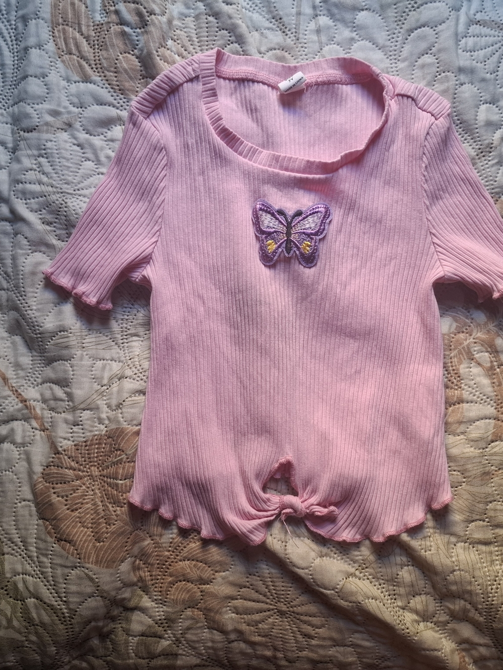 Kids Pink Ribbed One-Piece with Butterfly Detail